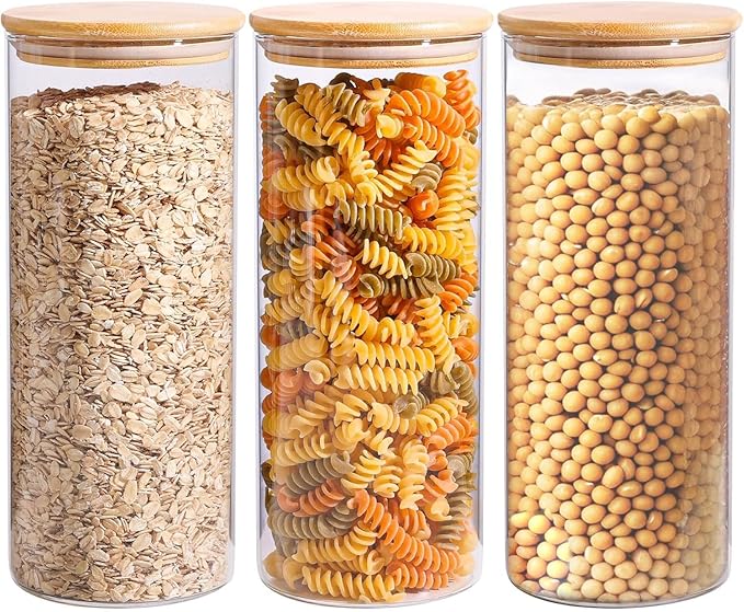 ComSaf 1.7 Qt Glass Storage Containers with Lids, Glass Jars with Lids, Clear Food Storage Jar, Round Canister Set of 3, Pantry Organizers for Pasta Flour Cookie Rice Tea Coffee Bean