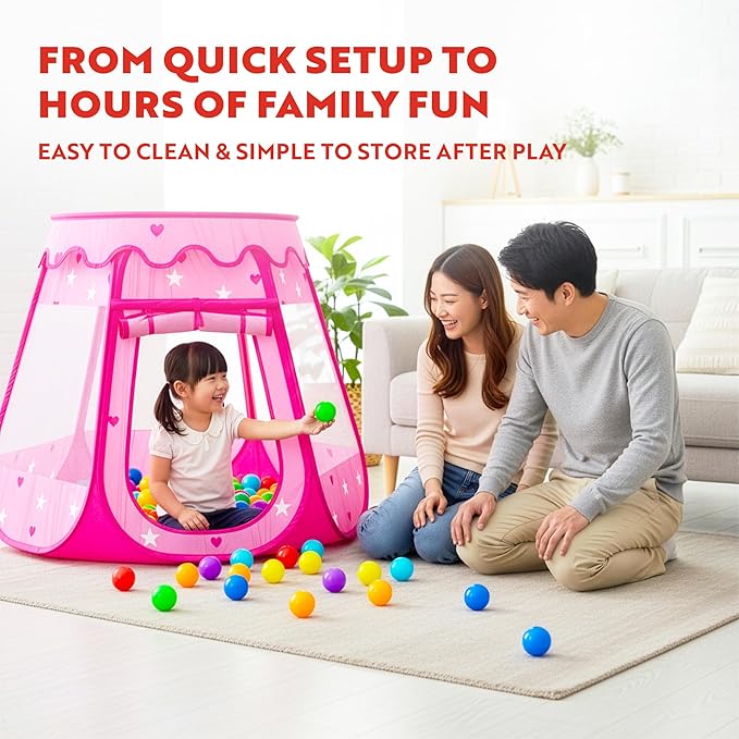 Playz Ball Pit Princess Castle Play Tent for Girls w/ 50 Balls Included - Pop Up Children Play Tent for Indoor & Outdoor Use - Playland Playhouse Tent w/ & Glow in The Dark Stars & Zipper Storage Case