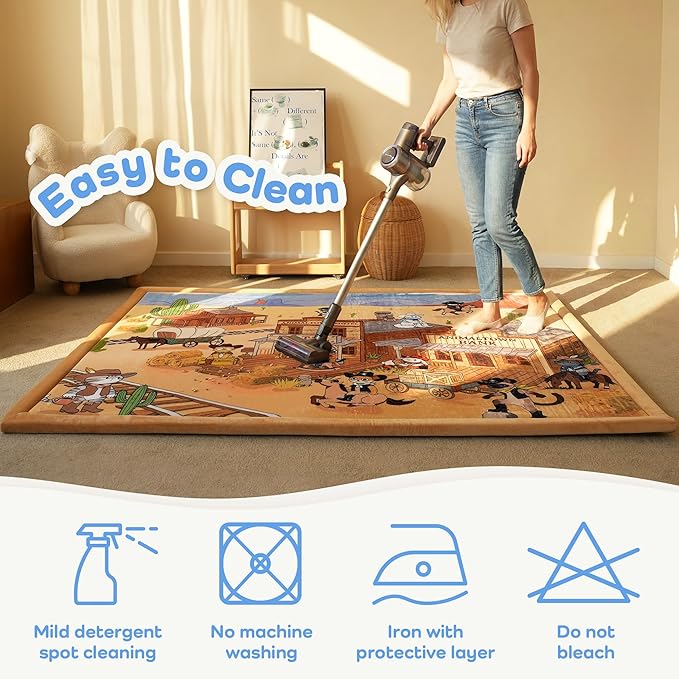 1.5" Thick Educational Large Baby Floor Play Mat 79x118, Flannel Padded Memory Foam Kids Mat, Non-Slip Plush Playmat for Nursery Playroom Classroom (Western Cowboy)