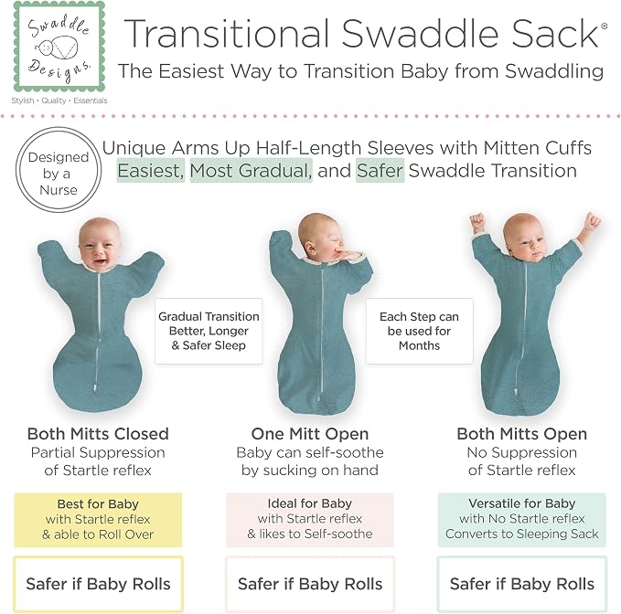 SwaddleDesigns Transitional Swaddle Sack, Arms Up Half-Length Sleeve Mitten Cuff, Most Gradual Transition Swaddle for Newborn