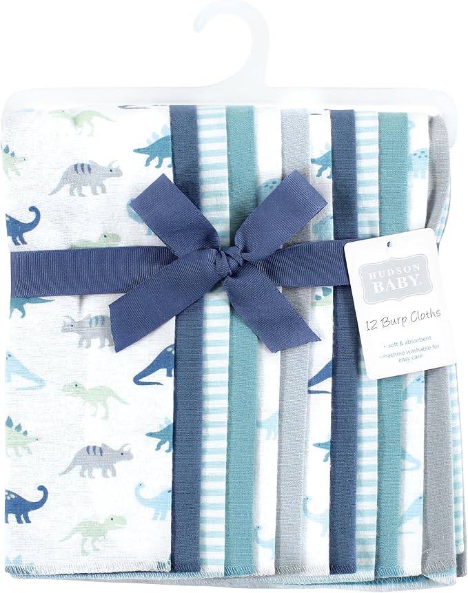 Hudson Baby Unisex Baby Flannel Burp Cloth 12pk, Soft Teal Dino, One Size