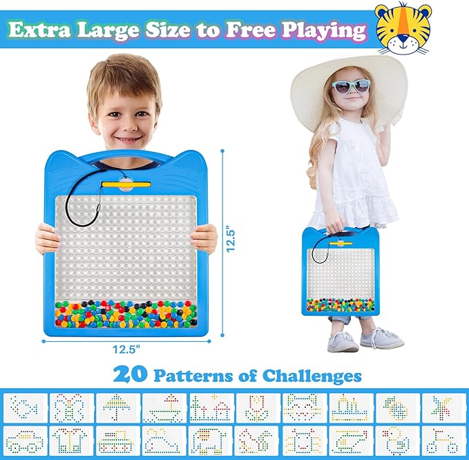 Extra Large Magnetic Drawing Board for Kids, Magnet Doodle Board with 2 Stylus Pen and Beads, Magnetic Dot Art Fine Motor Skills Toy, Travel Toys Activities for Boys Girls (12.5" x 12.5")
