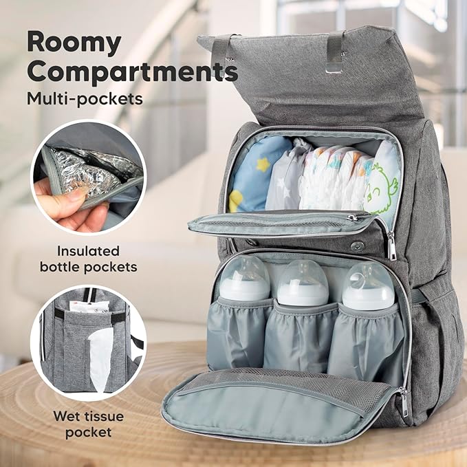 KeaBabies Baby Diaper Bag Backpack with Changing Pad - Waterproof Baby Bag for Mom and Dad, Insulated Bottle Pockets, Durable Toddler, Twin, Boy Girl Diaper Backpack for Travel, Large (Classic Gray)