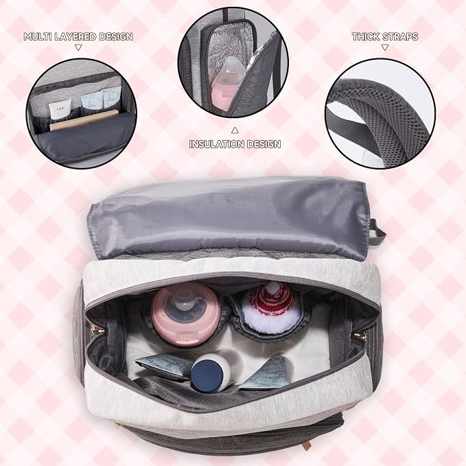 Large Diaper Bag Backpack, Baby Bag with Changing Pad, Diaper Backpack for Mom Dads, with Insulated Pockets, Stroller Straps Travel Essential Baby Shower, Grey