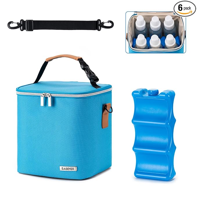 Breastmilk Cooler Bag with Ice Pack Fits 6 Baby Bottles Up to 9 Ounce, Baby Bottle Bag with Shoulder Strap for Nursing Mom Daycare, Blue