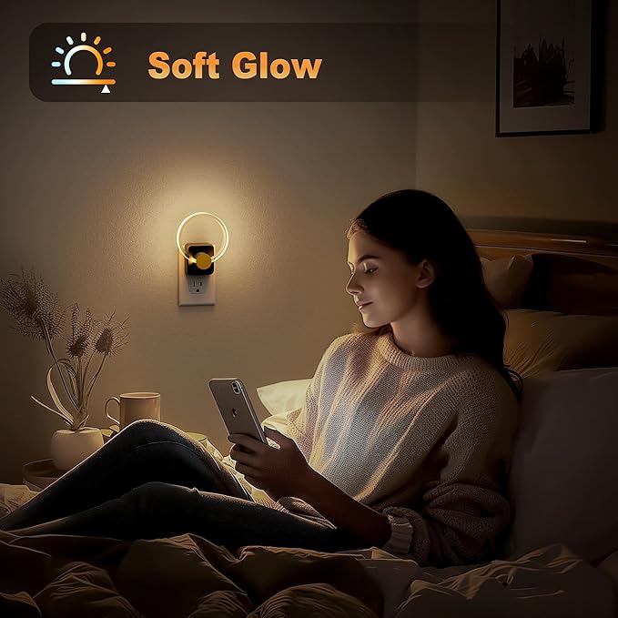 JandCase Night Light, 2 Pack Color Changing Night Lights Plug into Wall, RGB Nightlight with Light Sensor, 180° Rotatable Plug in Nightlights, Dimmable Ring Acrylic Night Light for Kids Gifts Hallway