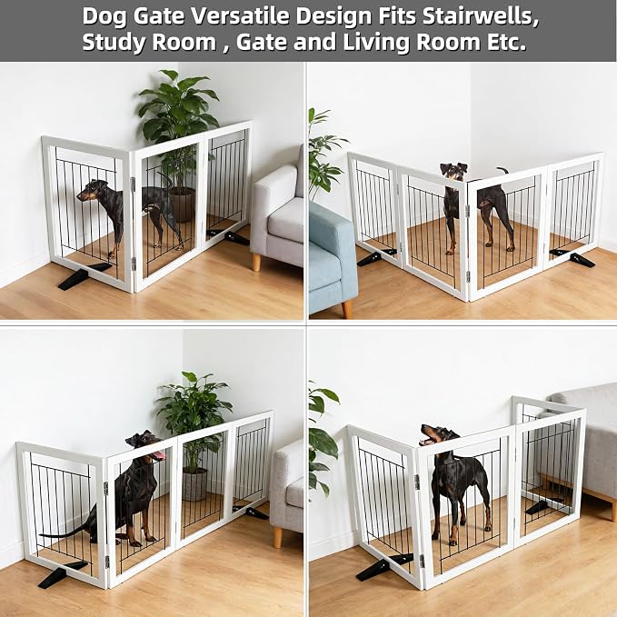 Dog Fence Indoor - 3-Panel Freestanding Dog Gate for Doorways, Hallways, House or Stairs -60x32-Inch Retractable Foldable Expandable Wood Pet by SFJC (White)
