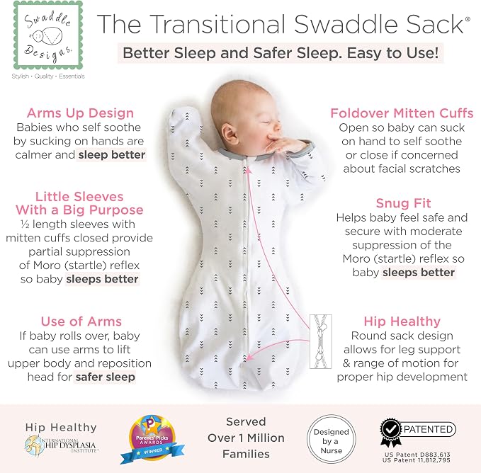 SwaddleDesigns Transitional Swaddle Sack, Arms Up Half-Length Sleeve Mitten Cuff, Most Gradual Transition Swaddle for Newborn