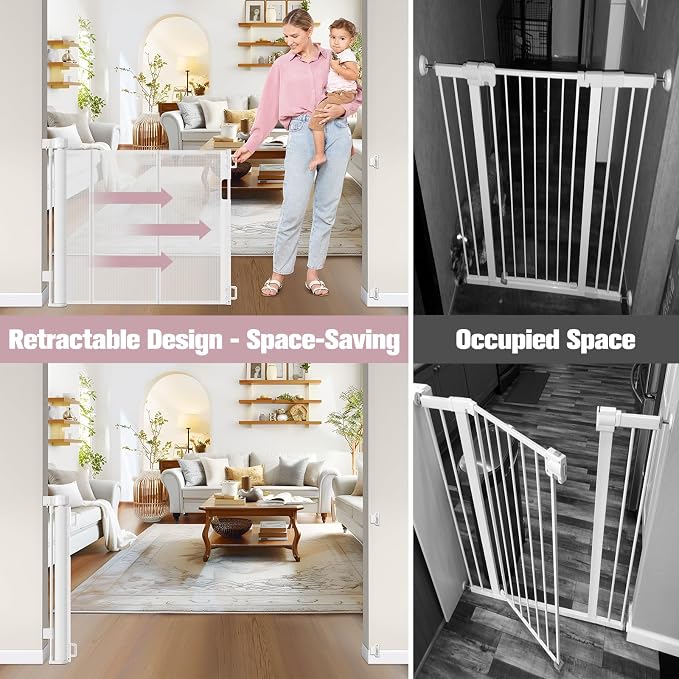 56 Inch Wide Retractable Dog Gate with Reinforced Strip, Retractable Baby Gate for Stairs to Prevent Crawling Under, Retractable Pet Gate for Stairs, Dog Gates for Doorways Mesh Gate for Pets, White