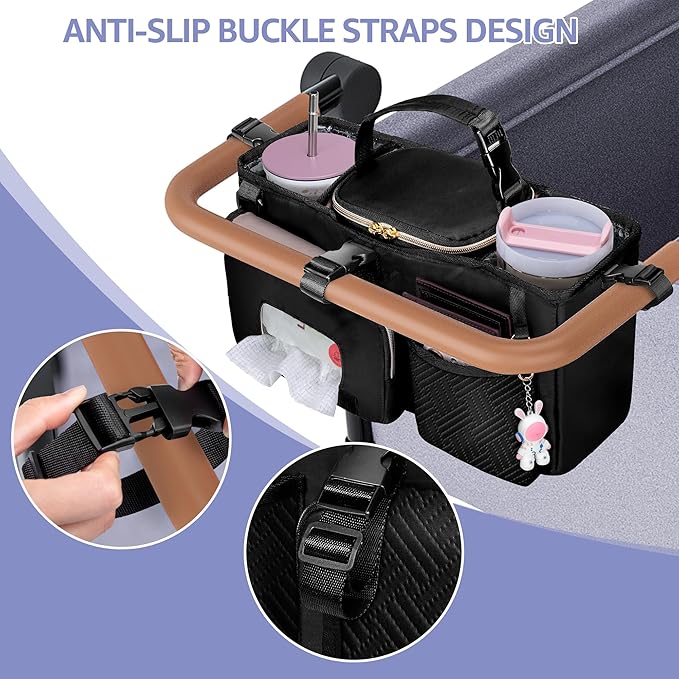 Parent Console Stroller Organizer Compatible with WONDERFOLD W2&W4&X, Wagon Stroller Caddy with 2 Insulated Cup Holders, A Removable Cooler Bag, Black (Empty Bag)