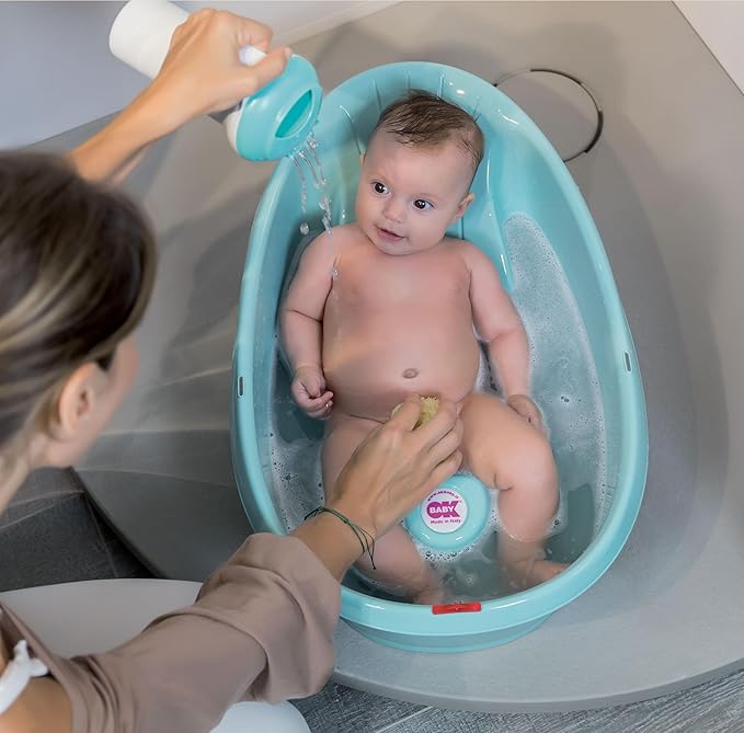 BEABA by OKBaby, Onda Baby Bath, Ergonomic Multi-Position tub for Infants and Babies up to 12 Months, Integrated Water Thermometer, Made in Italy, Turquoise