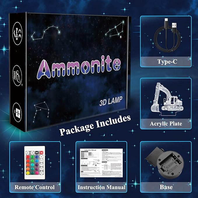 Ammonite Excavator 3D Lamp for Kids, LED Optical Illusion Night Light with Remote Control and Timing Function as Christmas Birthday Gifts Ideas for Boys Kids Teen
