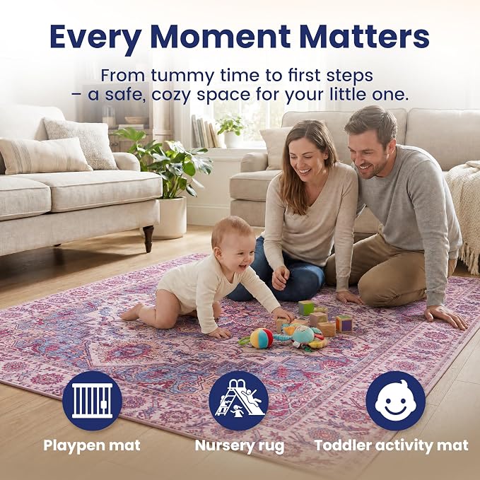 Huloo Sleep Baby Play Mat for Floor - 79x118 Inches 1.3" Thick Elasti-Foam Playpen Mat for Toddlers Infant Kids, Water-Repellent Nursery Rug, Non-Slip Backing for Crawling & Tummy Time, Boho Blue