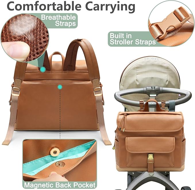 MOMINSIDE Diaper Bag Backpack, 12 Pockets Leather Mini Diaper Bag, Baby Bag Backpack, Baby Registry Search, 4 Insulated Pockets, Changing Pad, Stroller Straps(Brown)