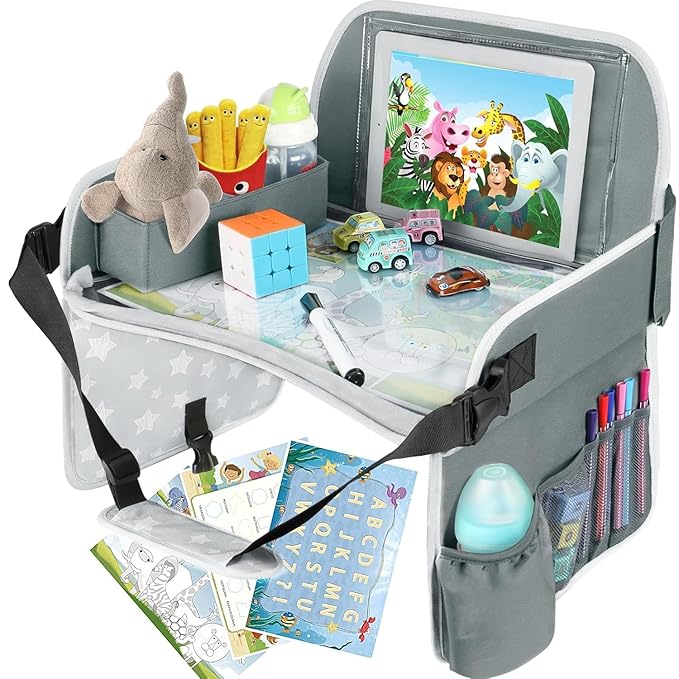 MENZOKE Kids Travel Tray for Toddler Car Seat, Toddler Gift for Boy Activities with Dry Erase Board & iPad Holder Stand, Road Trip Essentials Accessories Lap Tray for Boy as Birthday Gift, Grey