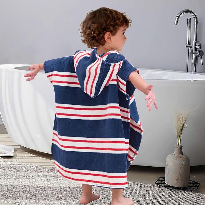 VOOVA & MOVAS Hooded Baby Towel, Oversized (2-4Years,21"X21") Made from 100% Soft Cotton,Absorbent Hooded Poncho Towel for Baby Girl,Perfect for Pool | Swimming | Bath | Beach,Navy Red Stripe