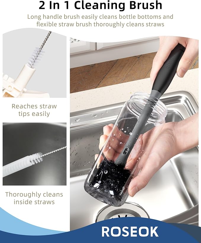 ROSEOK 2 in 1 Long Handle Bottle Brush with Straw Brush for Cleaning Glass, Sports Bottle, Coffee Mug, Black, 1 Pack