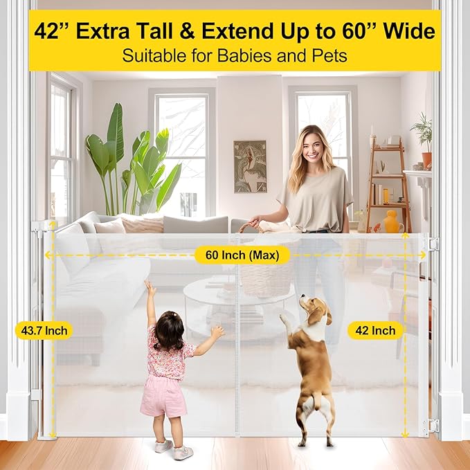 Reinforced 42??Extra Tall Retractable Dog Gate for Doorways, Extends up to 60??Wide, Mesh Baby Gate, Tall Baby Gates with Rods to Prevent Crawling Through Retractable Pet Gate Indoor Outdoor, White