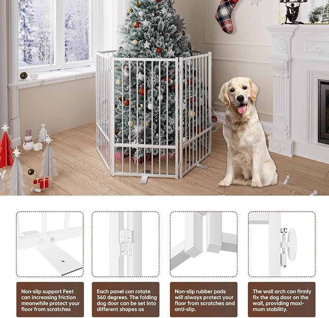 6 Panels Full Metal Freestanding Dog Gates with Door, 120” W x 36” H Folding Pet Gate Fence with Support Feet for Indoor,Stairs, Hallways and Doorways(White)