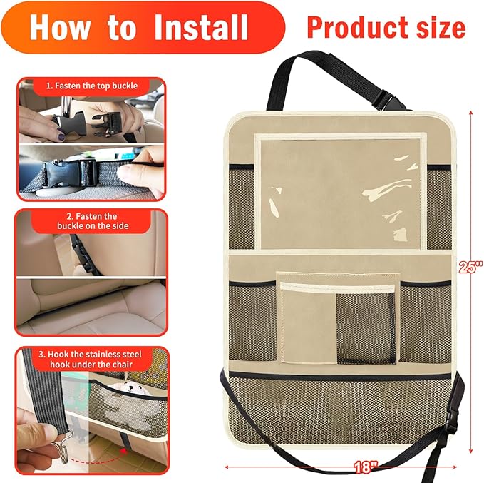 Car Backseat Organizer ï¼? Pack Car Organizer Back Seat with 11" Tablet Holder, 10 Storage Pockets Seat Back Protectors Kick Mats for Kids Toddlers, Travel Accessories (Beige)