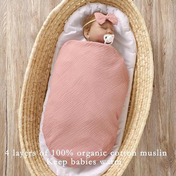 4 Layers Muslin Baby Blankets for Girls,100% Cotton Muslin Toddler Blanket,Crib Blanket,Muslin Swaddle Blankets,Soft and Lightweight Baby Quilt for Boys and Girls 47 * 47" (Pink+Khaki)