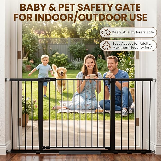Mumeasy Extra Wide Baby Gate for Doorways, 36-63" Walk Thru Dog Gate with Auto Close Dual Swing for Stairs & Hallways, Easy Install Pressure Mounted Child Safety Gate for Toddlers & Pets Indoor, Black