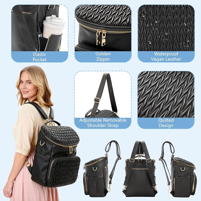 Minsong Diaper Bag Backpack, Fashion Leather Mommy Backpacks, Travel Baby Diaper Bags with in Bag Organizer and Changing Pad (Black-stripes)