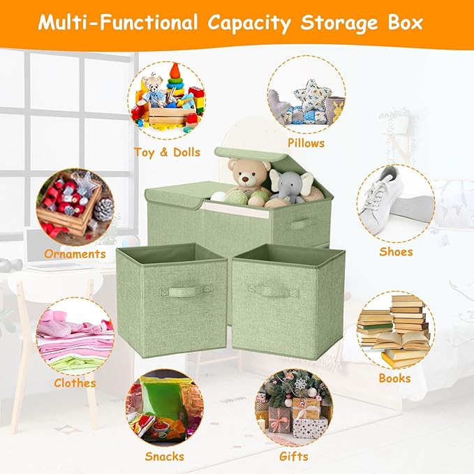 3 Pack Large Storage Bins Set 23" Toy Chest Storage with Lids and 11" Cubes Organizer Bins for Kids Bedroom Closet Shelf Organizer for Clothes Blankets Nursery Playroom(Green)