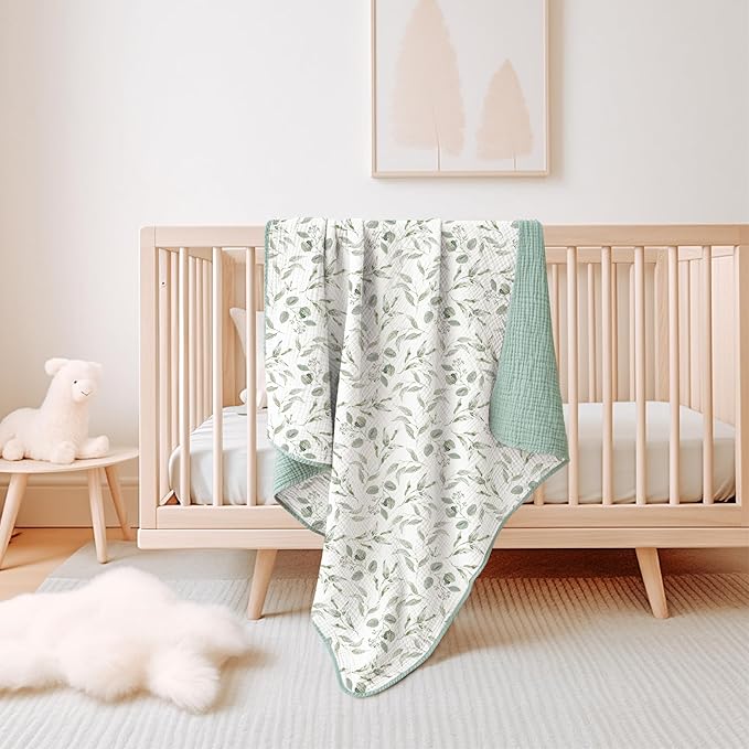 Konssy Muslin Baby Blankets for Girls Boys, 100% Cotton Crib Blanket for Infant Toddler, Super Soft and Lightweight Nursery Swaddling Wrap 40"x36" (Green Leaves)