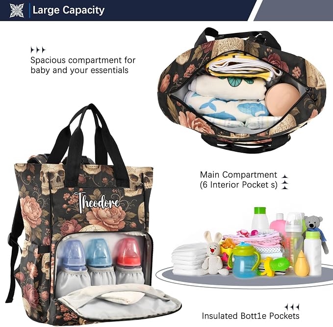 Personalized Sugar Skull Peonies Diaper Bag Large Cap Insul Mom Dad