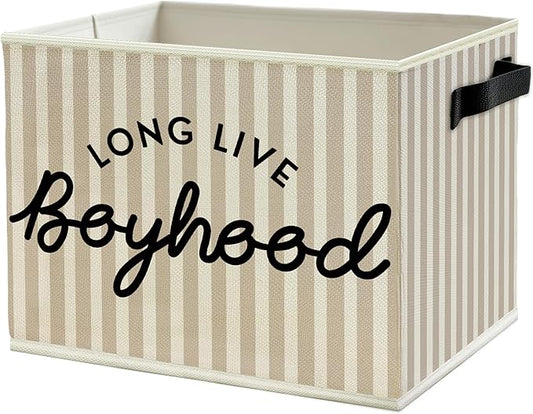 Black Long Live Boyhood Boys Storage Bins Box with Handles, Beige Stripe Collapsible Basket Organizer for Kids Teen Boy Nursery Room Bedroom Bathroom Playroom Toys Books Clothes