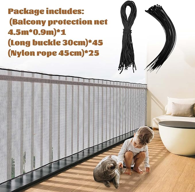 Hosuly Banister Guard 15 x 3 ft Balcony Netting for Kids Pets Stairway Safety Net Baby Fence Door Balcony Netting Safety Mesh Stair Net with No Drilling for Apartment Railing(Black)