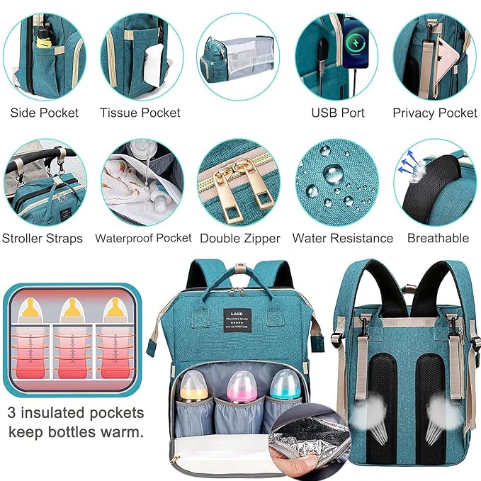 ANWTOTU Baby Diaper Bags with Changing Station,Waterproof Diaper Bag Backpack for Moms Dads with USB Charging Port,Large Capacity Multifunctional Baby Essentials(Green)