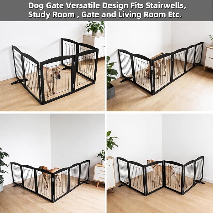 Dog Fence Indoor,Dog Gate Indoor for Doorway pet gate -6-Panel Freestanding, Hallways, House or Stairs -120x24-Inch Retractable Foldable Expandable Wood Pet by SFJC (Black) ﻿