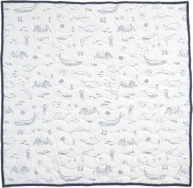 PEHR Chambray Blanket | Heirloom-Quality Reversible Baby Blanket | 100% Cotton Exterior with Soft Polyfill | Hand-Finished Details | 36" x 36" / 91.5 x 91.5 cm | Life Aquatic