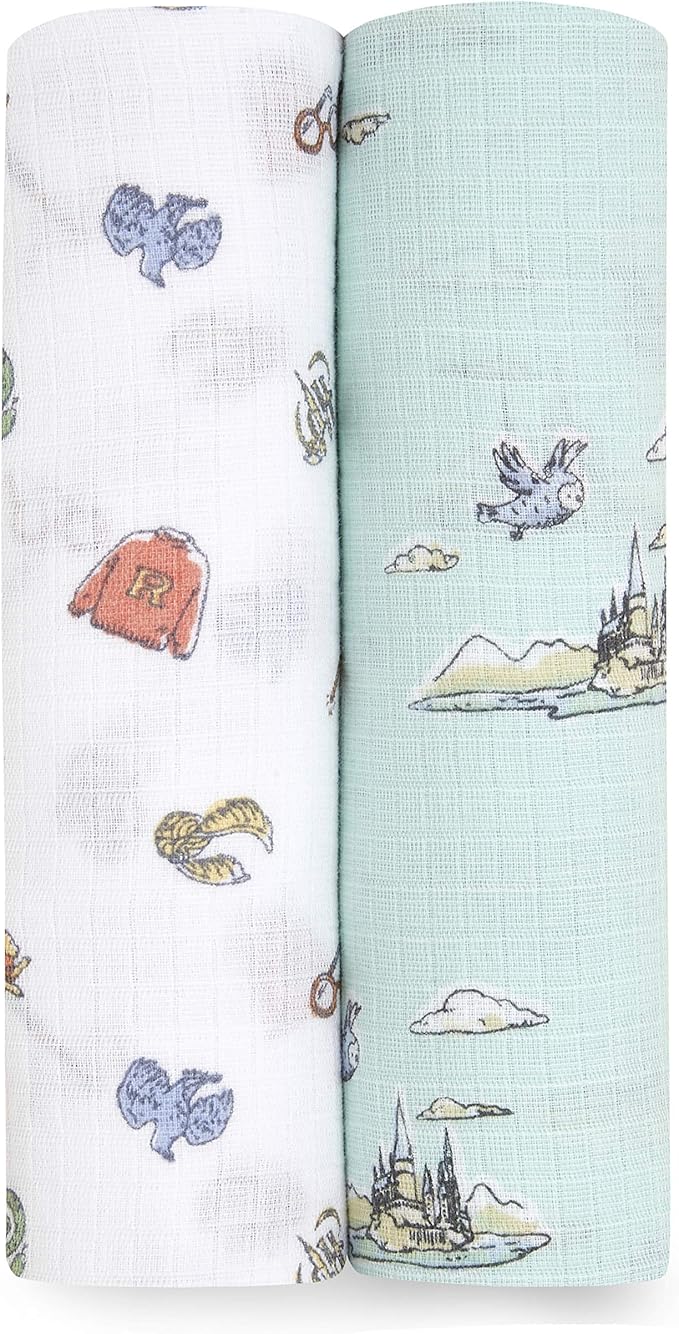 aden + anais Swaddle Blanket, Boutique Muslin Blankets for Girls & Boys, Baby Receiving Swaddles, Ideal Newborn & Infant Swaddling Set, Perfect Shower Gifts, 2 Pack, Hogwarts Essentials