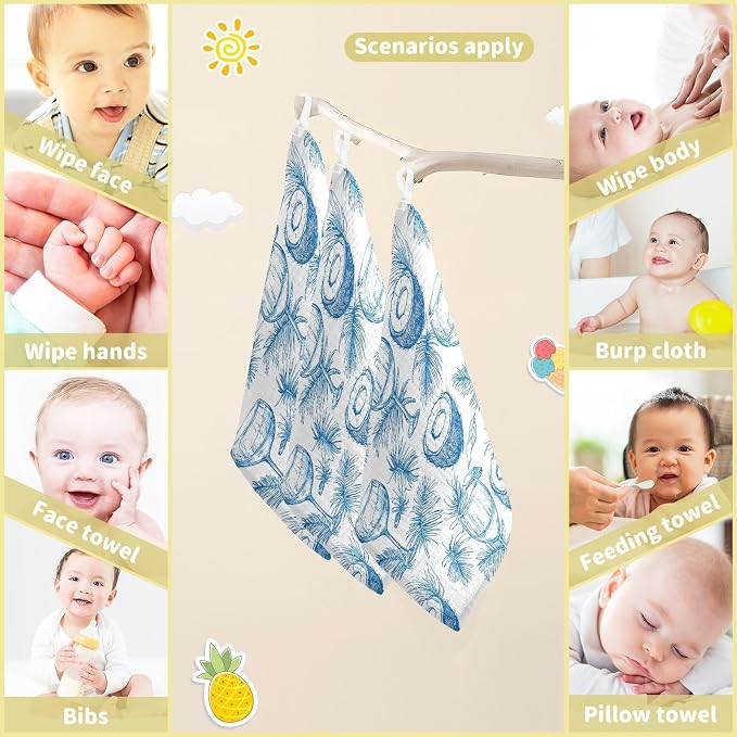 vvfelixl Baby Muslin Washcloths Wine Beach Party Baby Burp Cloths Cotton Babys Face Towel for Newborn Infants Boys Girls Soft and Absorbent 11.8 X 11.8 in, 3 Pack