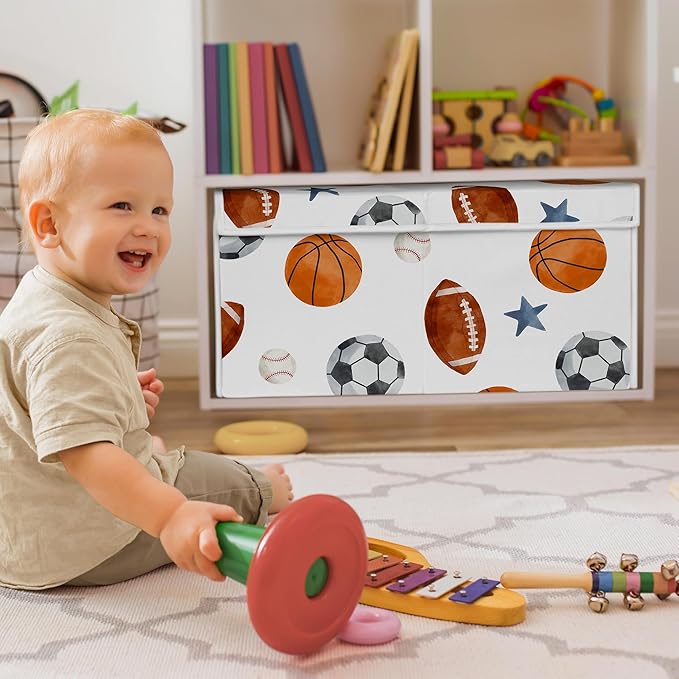 Sweet Jojo Designs Sports Theme Boy Collapsible Toy Storage Box Chest Organizer with Lid Baby Nursery Kids Childrens Room Watercolor Vintage Sport Soccer Balls Football Baseball Basketball Blue Stars