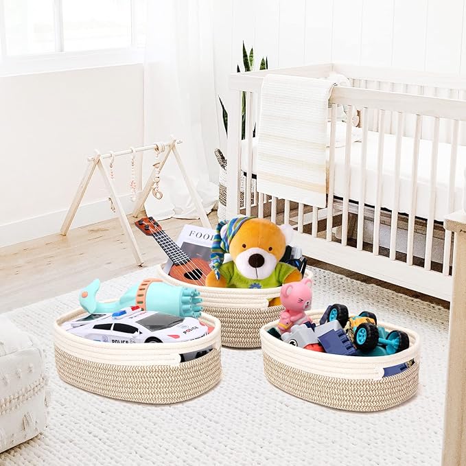 7 Piece Cotton Rope Woven Basket Set - Small Basket for Baby Nursery, Pets, Montessori, Dog & Cat Toy Boxes, Bathroom Organization Bins (White/Brown)