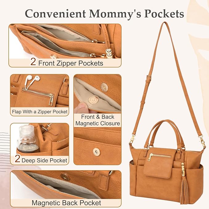 Omanmoli Small Diaper Bag,Mini Diaper Bag Tote, Leather Crossbody Diaper Clutch With 12 Pocekts Diaper Purses for Women Girls,Crossbody Strap,2 Insulated Pockets,Honey