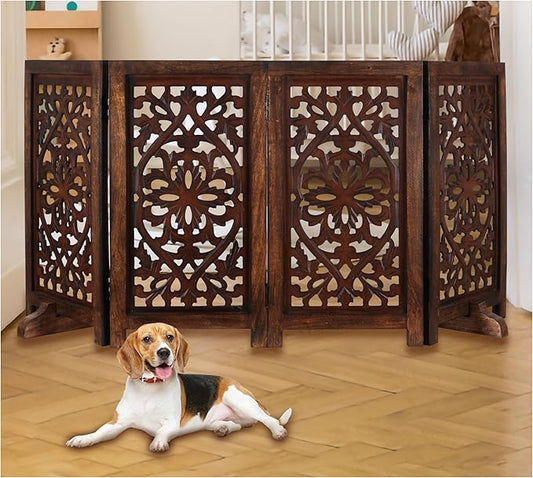 Free Standing Dog Gate – 4 Panel Foldable Wooden pet gate Indoor 56" W x 28" H, Hand-Carved Solid Wood & MDF, Portable Indoor Gate for Doorways, Halls, Stairs – Fully Assembled, Burnt Finish