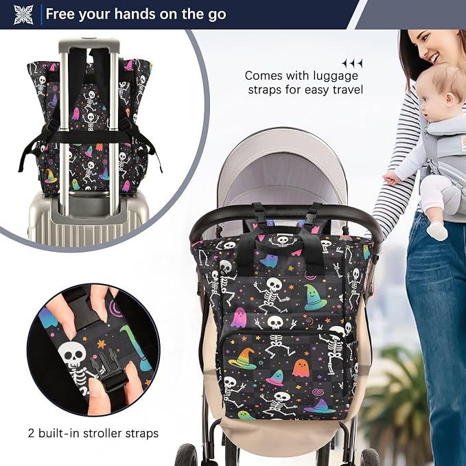 Skull Beige Peonies Diaper Bag Insul Bottles Stroller Straps
