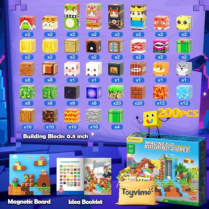 200PCS Magnetic Blocks Toys for Kids Ages 3-5 6-8 8-12 with Magnetic Board Sensory Kids Toys Stacking Blocks, Build Mine Magnet World-3 4 5 6 7 8 9 10 Year Old Boy Girls Birthday Gifts
