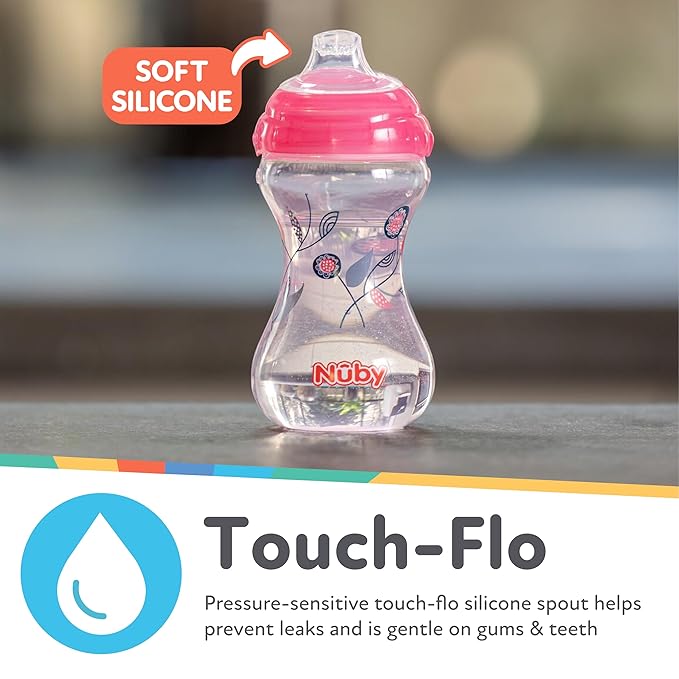 Nuby Clik-It No-Spill Baby Sippy Cup with Soft Spout - (3 Pack) 10 oz - 6+ Months - Pink/Purple/Aqua