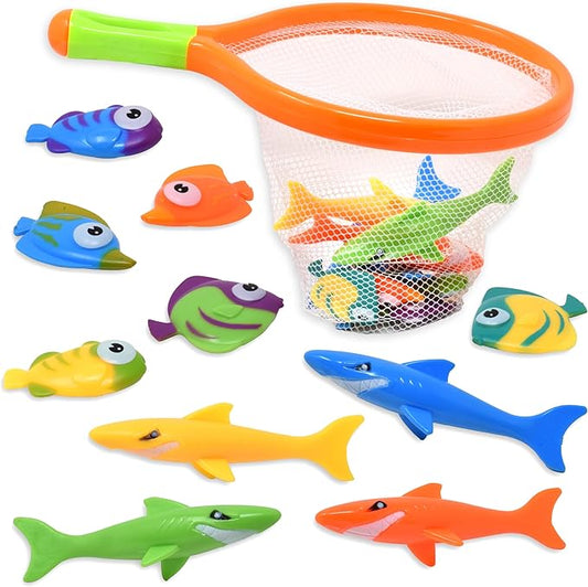Toy Fishing Net for Bath | Bath Toys for Kids ??Dive Game Small Sinking Fish, 4 Sharks & 6 Fish Multicolored