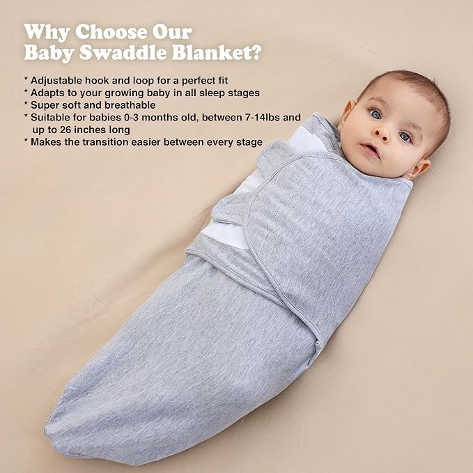 Swaddles for Newborns – 3-Pack Infant Swaddles 0-3 Months – Adjustable Swaddle Sleep Sack – Soft Organic Cotton Baby Wrap for Safe & Cozy Sleep (Melange Grey)