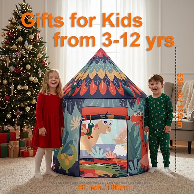 Dinosaur Pop Up Tent for Kids, Foldable Toddler Pop Up Indoor Tent for Boys Girls, Outdoor Dino Playhouse Fort Tent Ideal Birthday for Age 3 4 5 6 8