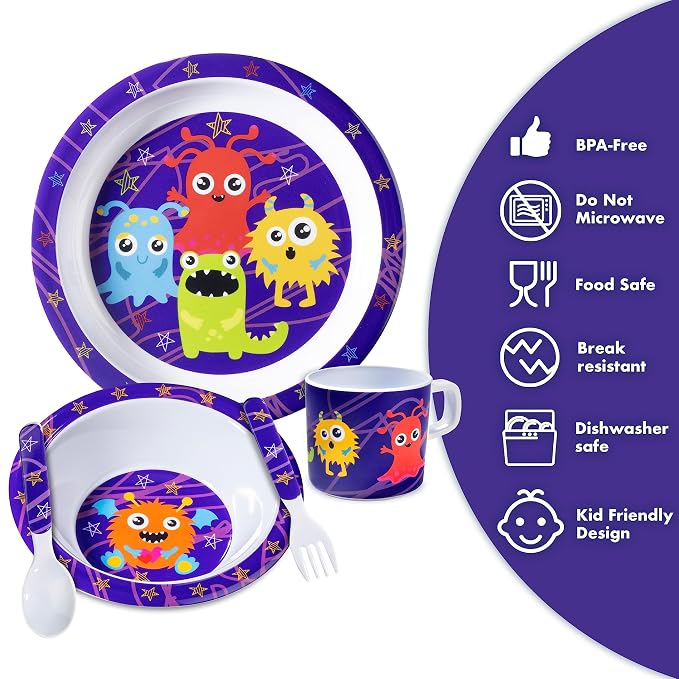 Bentology 5 Pc Mealtime Set for Kids - Monster Theme - Includes Raised Edge Plate & Bowl, Cup, Fork & Spoon- Dishwasher Safe, BPA Free- Cute Durable Dish, Easy Self-Feeding- Gift for Toddlers