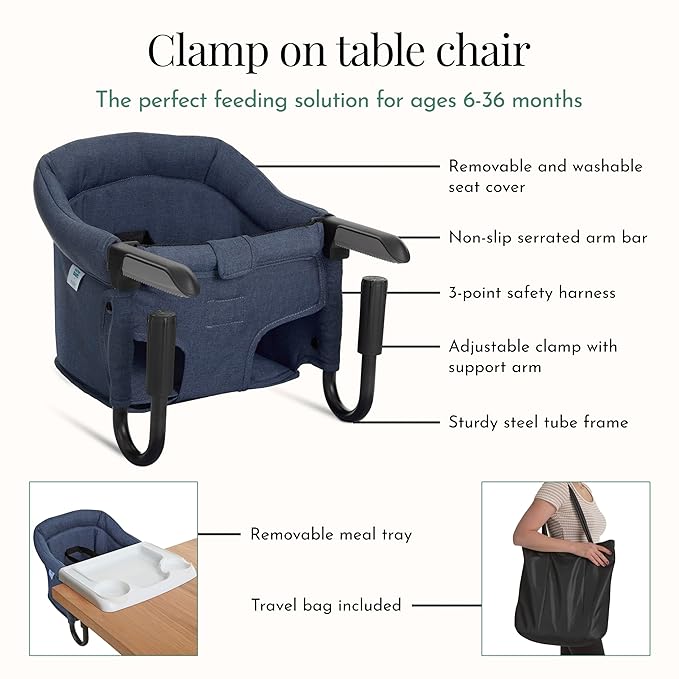 Evolur Clamp-On Comfort Table Chair, Portable Clip-On High Chair for Babies & Toddlers (6??6 Months), Removable Washable Seat Cover, Dishwasher-Safe Tray, Foldable Design with Carry Bag ??Navy