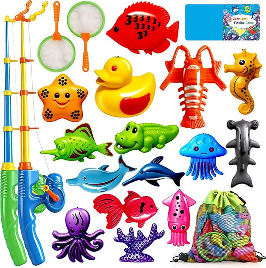 CozyBomB??Magnetic Fishing Toys Game Set for Kids | Water Table Bathtub Kiddie Pool Party Pole Rod Net, Outdoor Plastic Floating Fish, Toddler Bath Color Ocean Sea Animals Birthday Gift Age 3-5 6 4-8